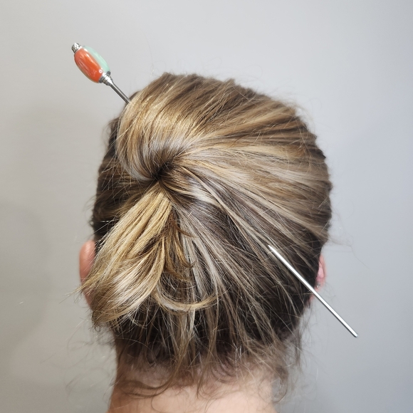 Sunglow Drift Stainless Steel Hair Stick, Shimmering Oval Resin Custom Length - Picture 4 of 5